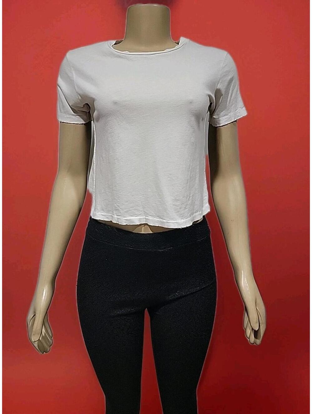 AMO Women's Tank Top XS Distressed Edges White Short Sleeve Cropped Shirt #C